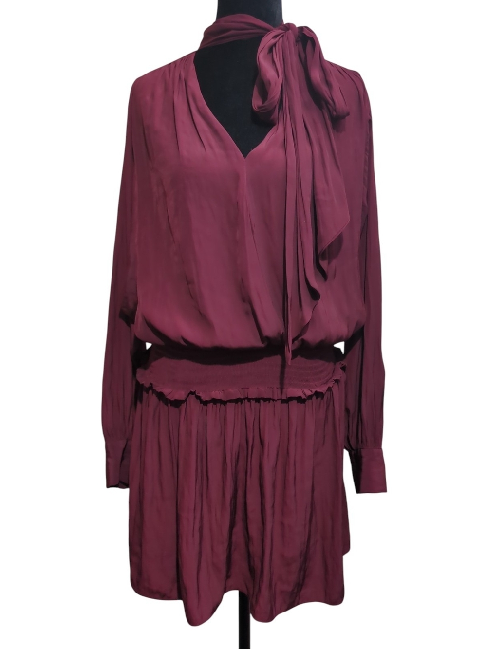 Ramy Brook Winslow Med Satin Burgundy Mini Dress Smocked Neck Tie Quiet Luxury